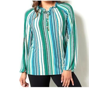 Susan Graver Green and White Long Sleeve Tie Front Blouse